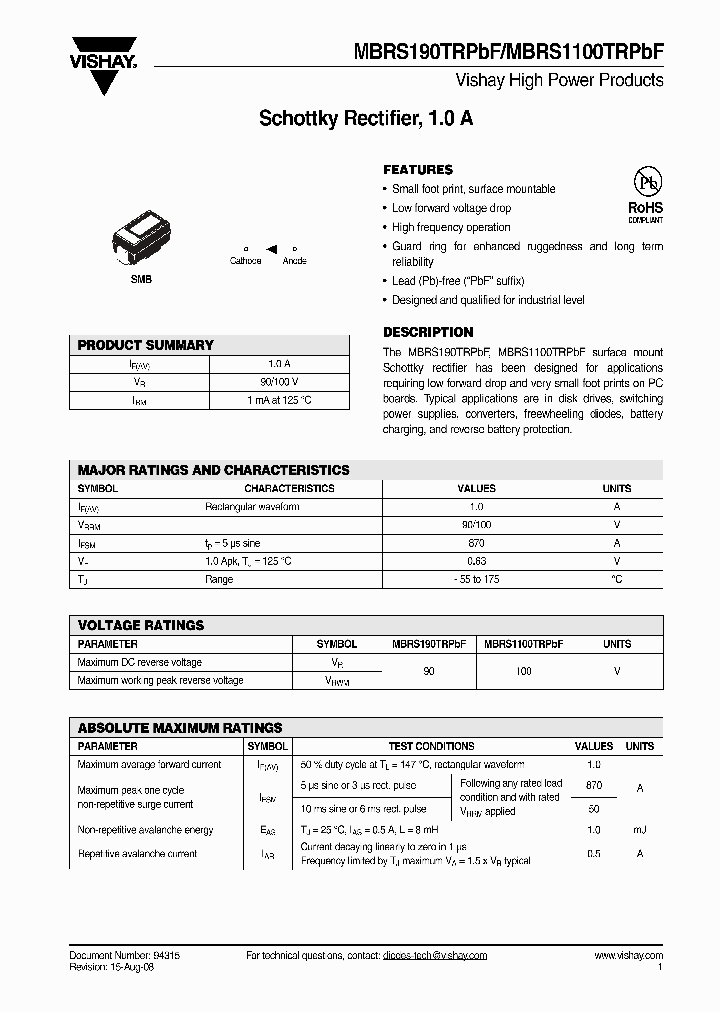 MBRS190TRPBF_4380262.PDF Datasheet