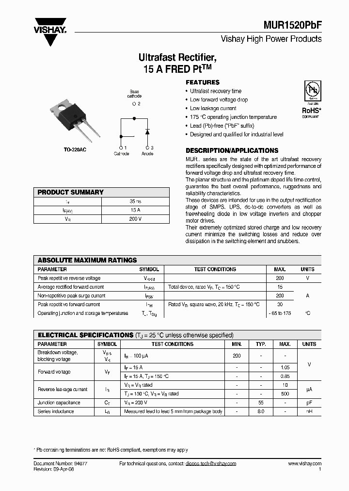 MUR1520PBF_4304382.PDF Datasheet