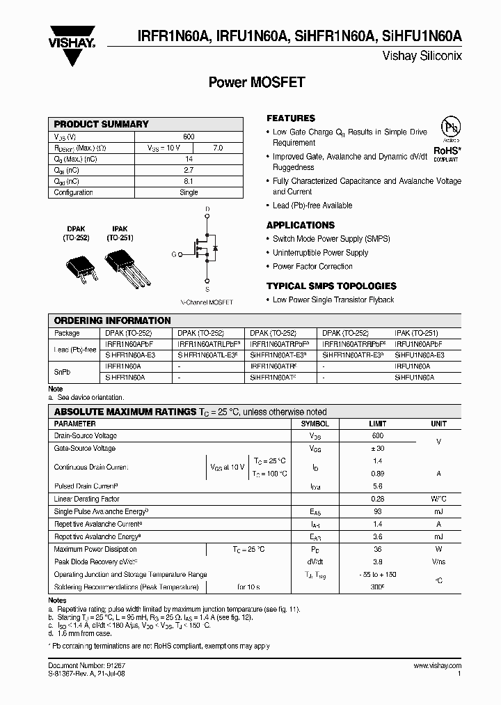 SIHFU1N60A_4327692.PDF Datasheet