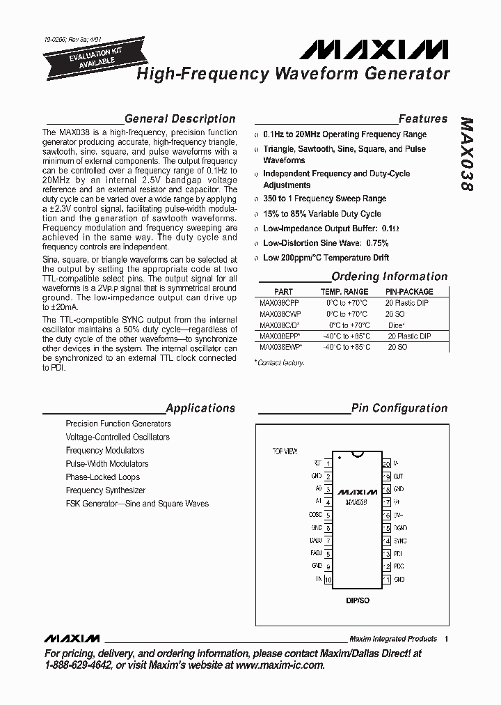 MAX038CPP_989977.PDF Datasheet