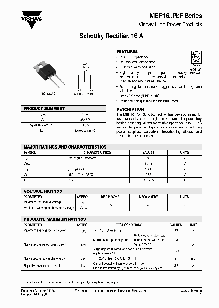 MBR1645PBF_4966109.PDF Datasheet