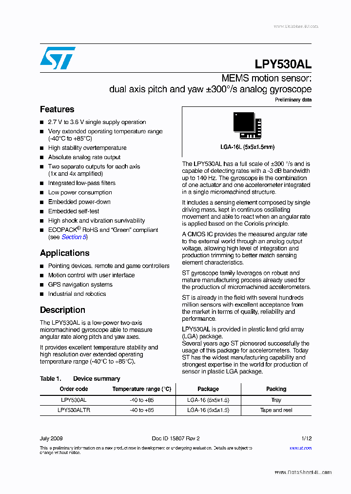 LPY530AL_763154.PDF Datasheet