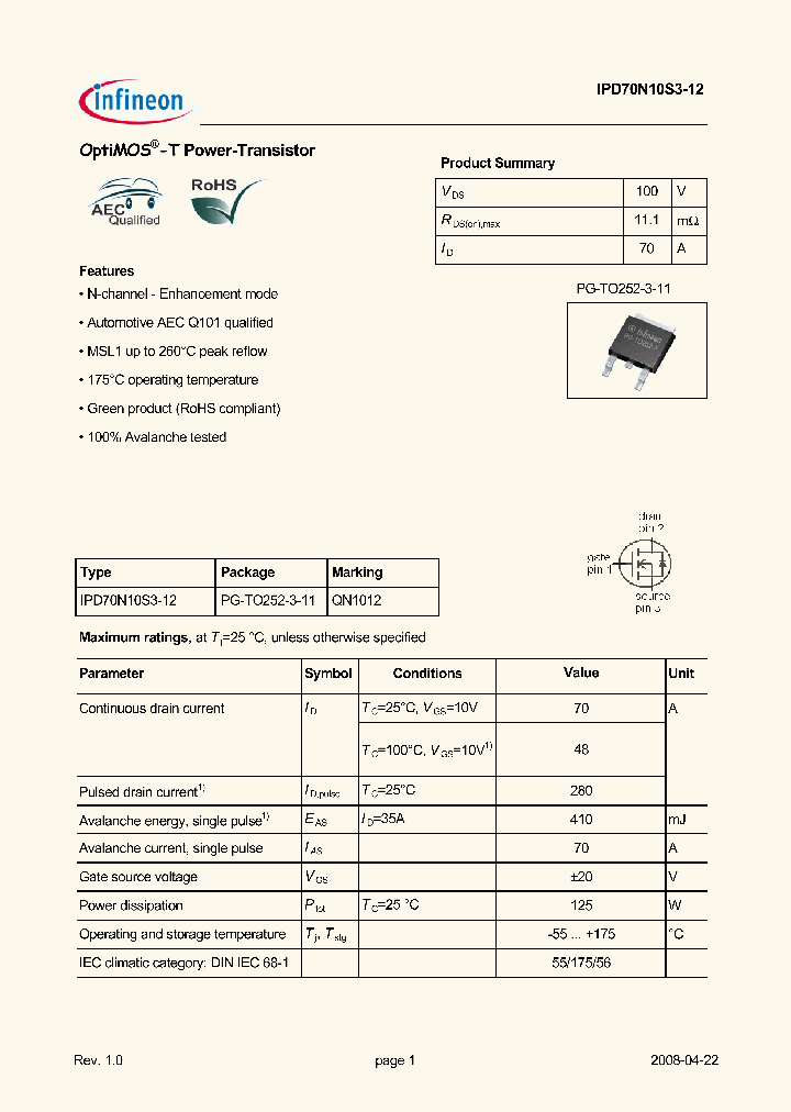 IPD70N10S3-12_1181623.PDF Datasheet