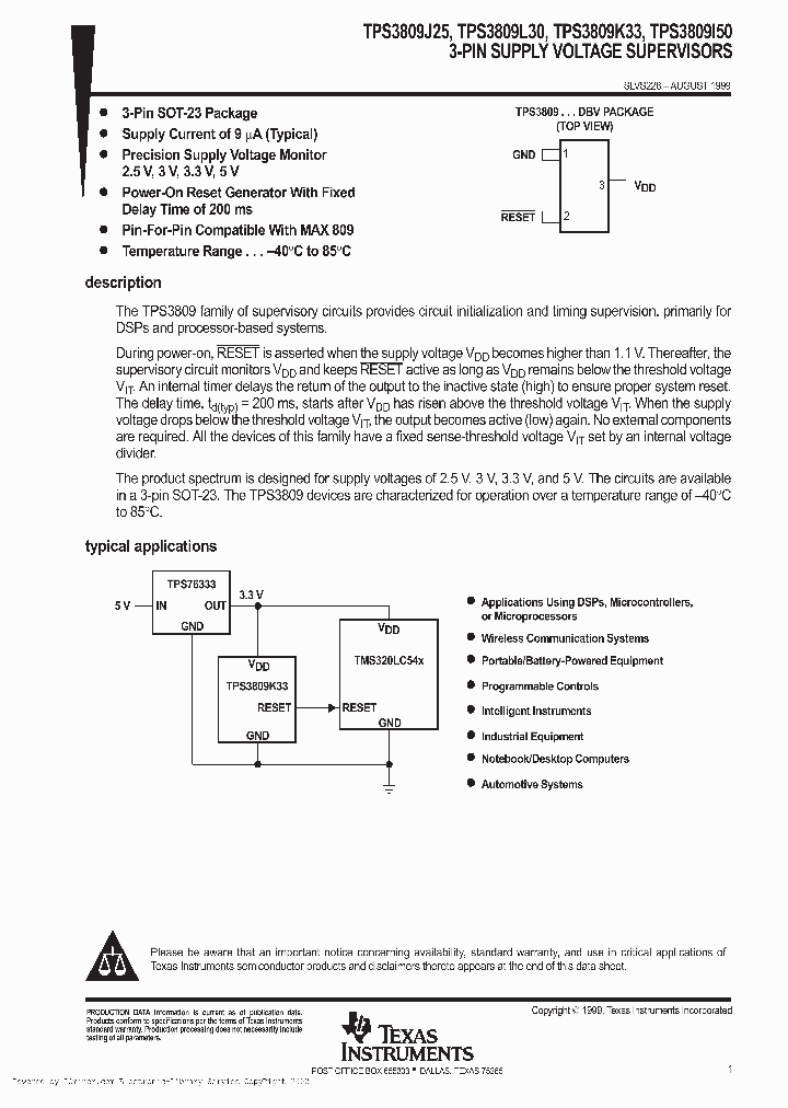 TPS3809K33DBVR_826116.PDF Datasheet