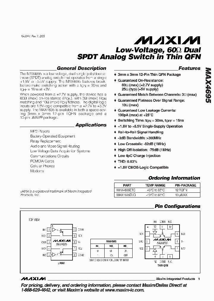 MAX4695ETC_1553270.PDF Datasheet