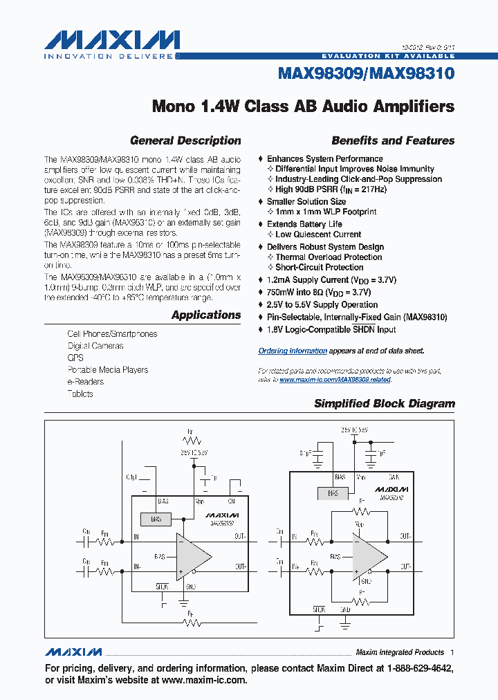 MAX98309EWL_1925732.PDF Datasheet