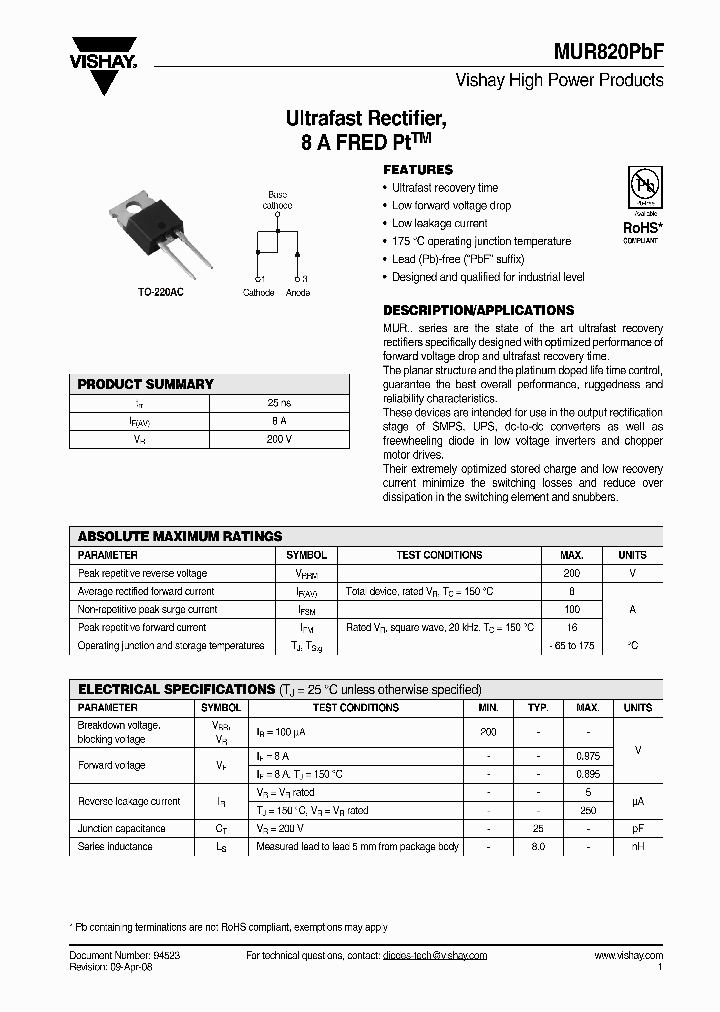 MUR820PBF_2158022.PDF Datasheet