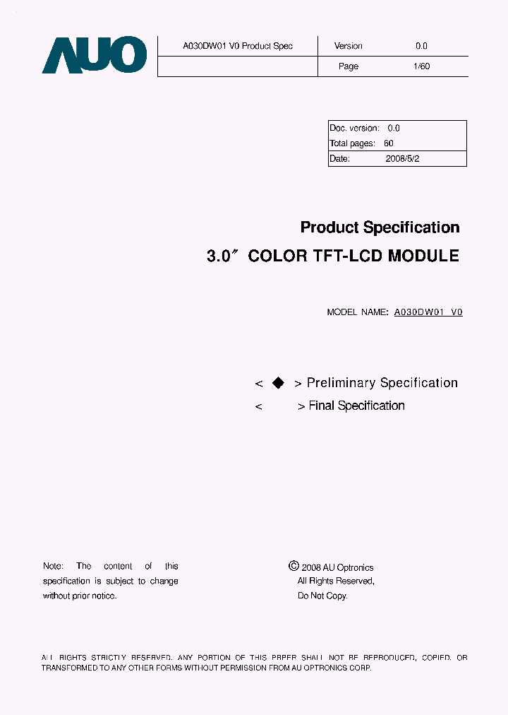 A030DW01V0_2285303.PDF Datasheet