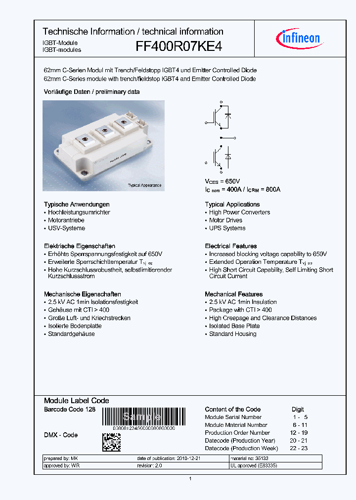 FF400R07KE4_2562308.PDF Datasheet