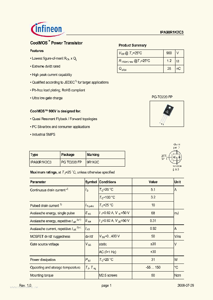 IPA90R1K2C3_2778210.PDF Datasheet