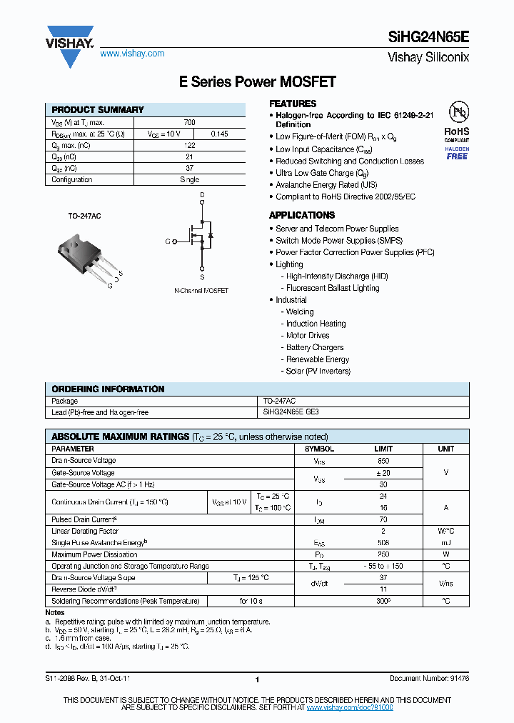 SIHG24N65E-GE3_2840130.PDF Datasheet