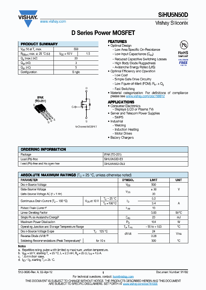 SIHU5N50D-GE3_4523189.PDF Datasheet
