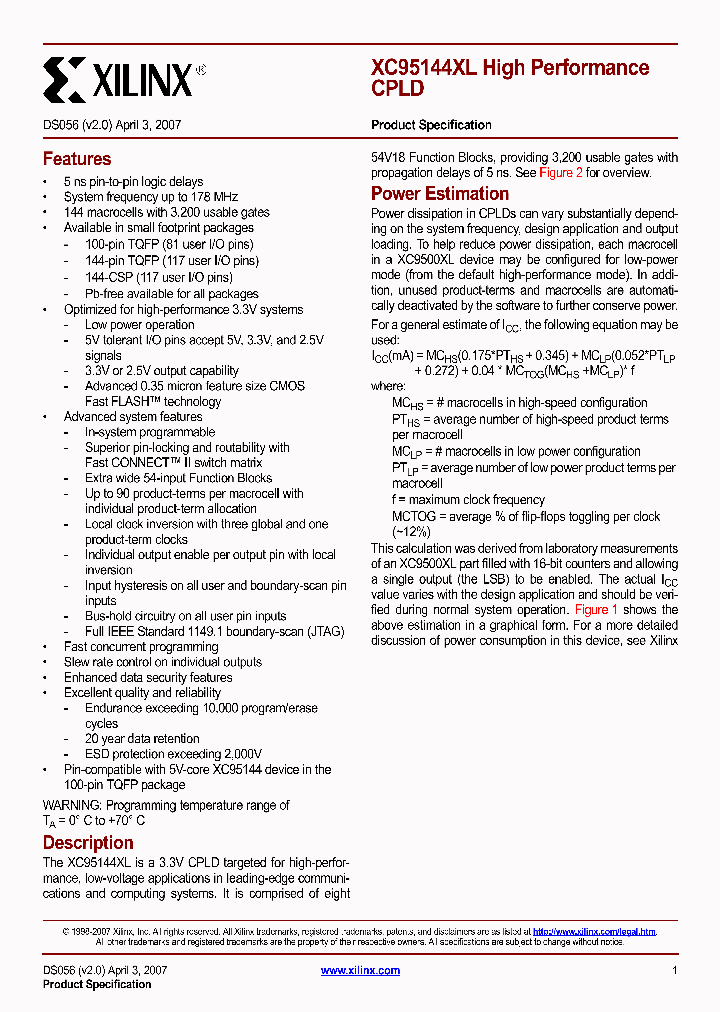 XC95144XL-10TQG100C_4918831.PDF Datasheet