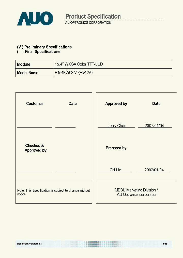 B154EW08-V0_6026441.PDF Datasheet