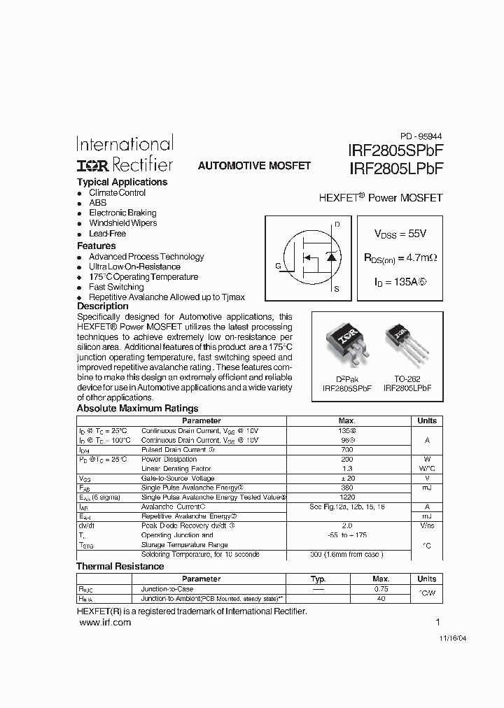 IRF2805SPBF_6081302.PDF Datasheet