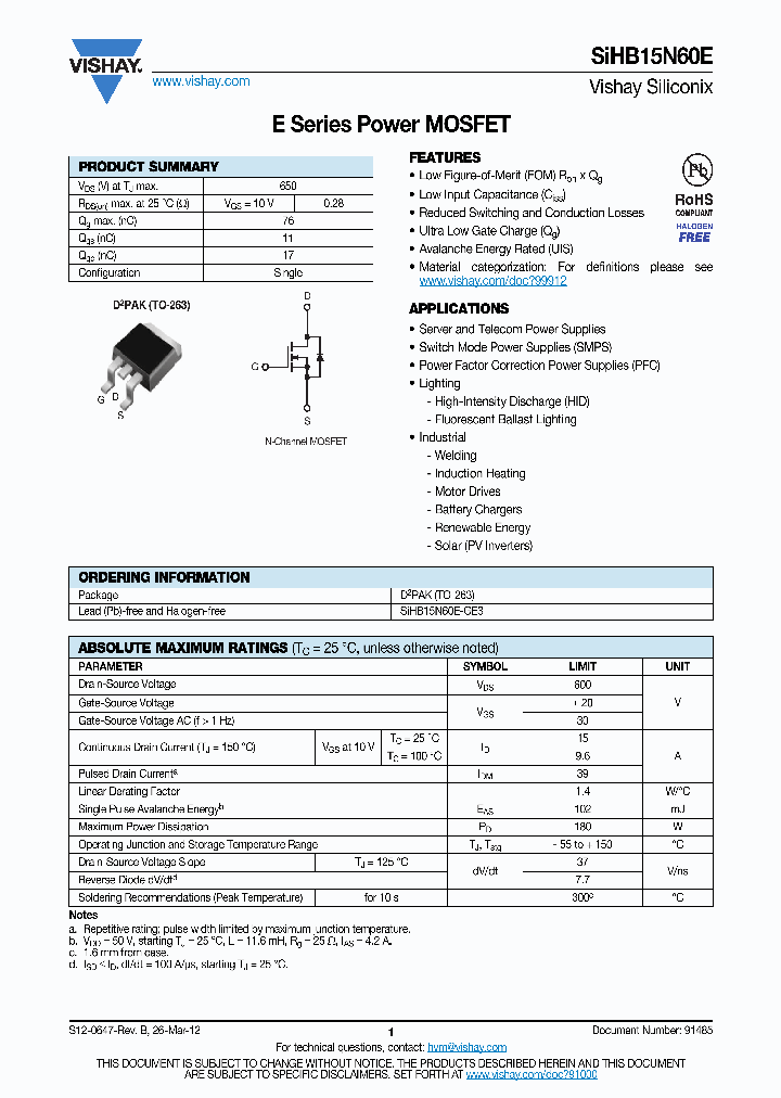 SIHB15N60E_6148728.PDF Datasheet