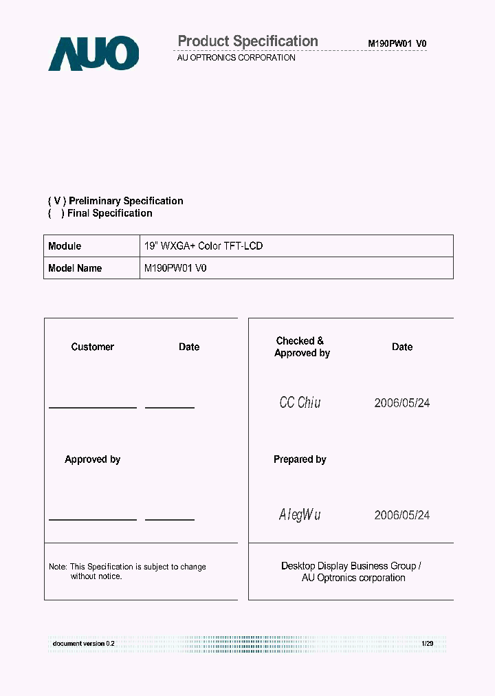 M190PW01-V0_6375092.PDF Datasheet