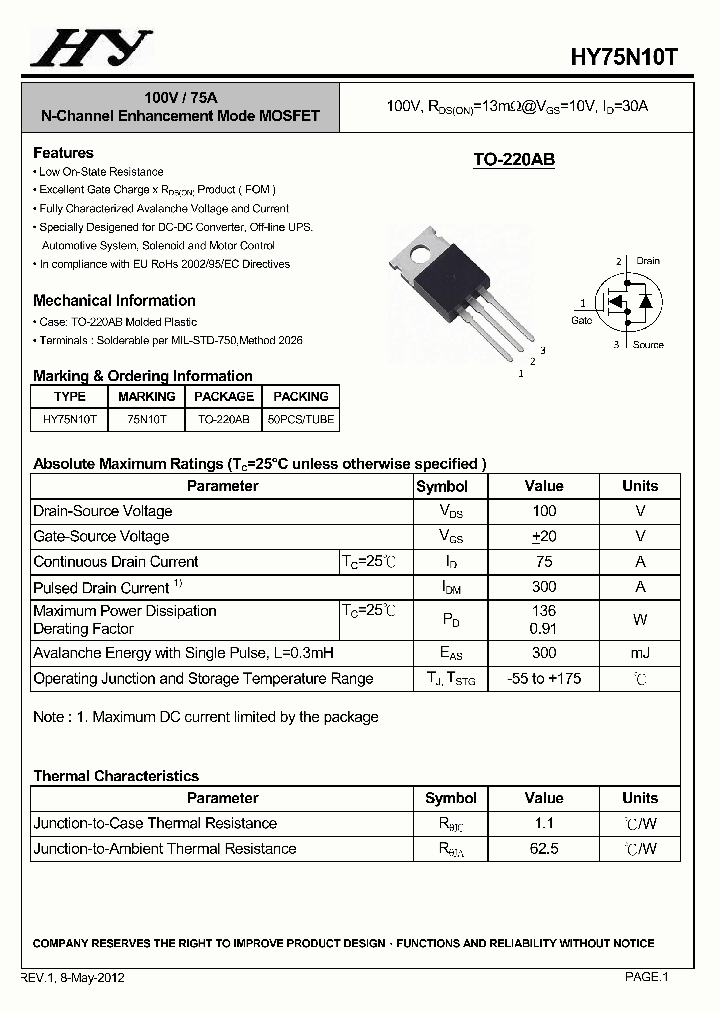 HY75N10T_6701527.PDF Datasheet