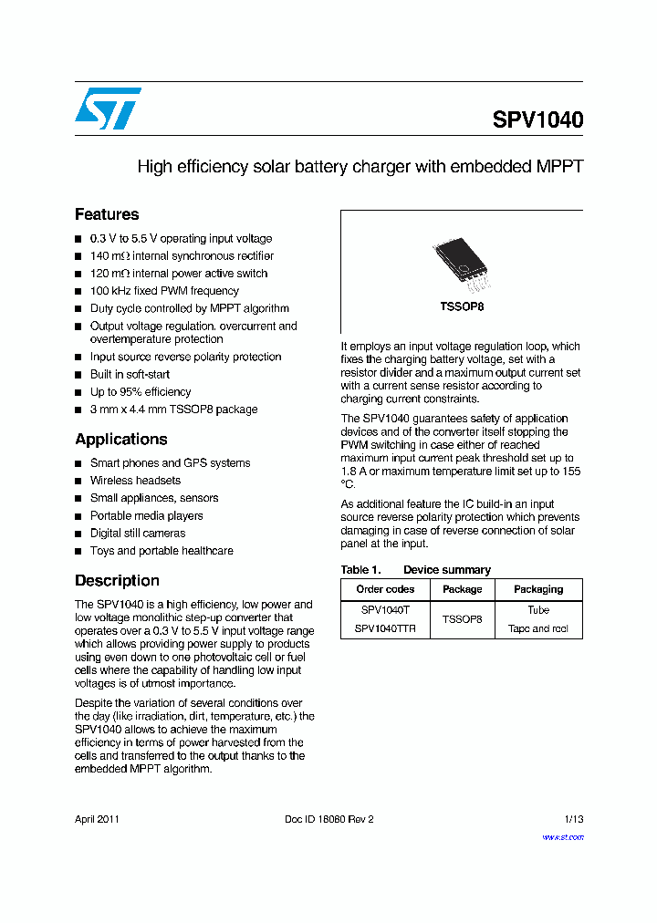STMICROELECTRONICS-SPV1040TTR_6998812.PDF Datasheet
