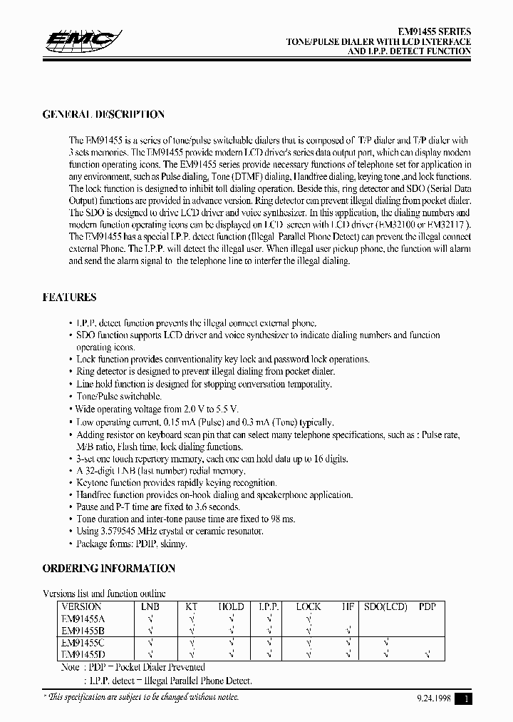 ELANMICROELCTRONICSCORP-EM91455AP_7284732.PDF Datasheet