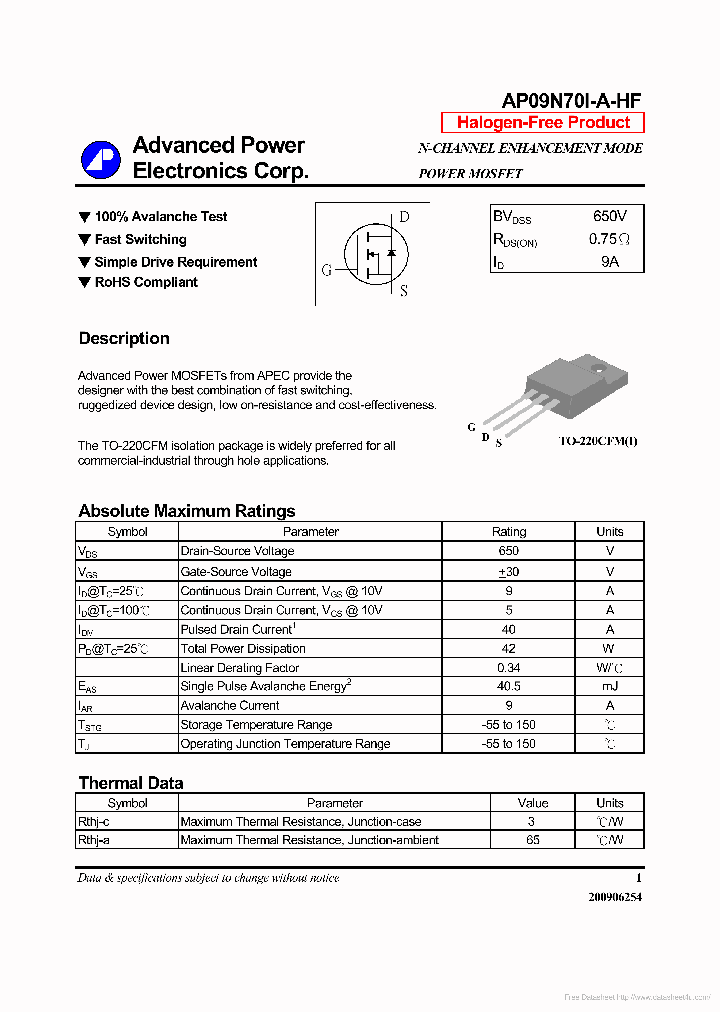 AP09N70I-A-HF_7299593.PDF Datasheet