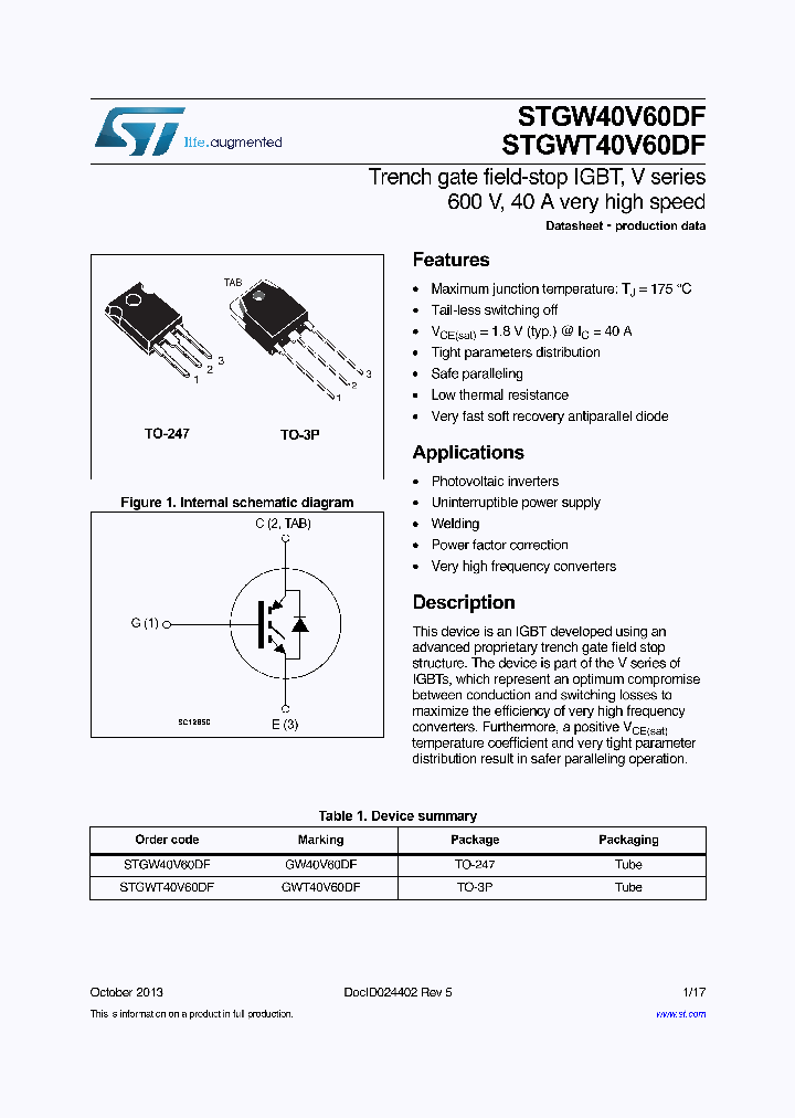 STGWT40V60DF_7423621.PDF Datasheet