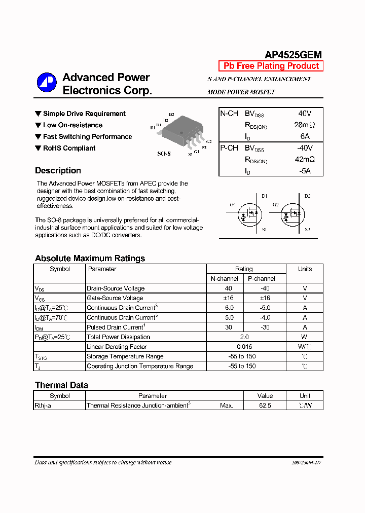 ADVANCEDPOWERELECTRONICSCORP-AP4525GEM_7492941.PDF Datasheet