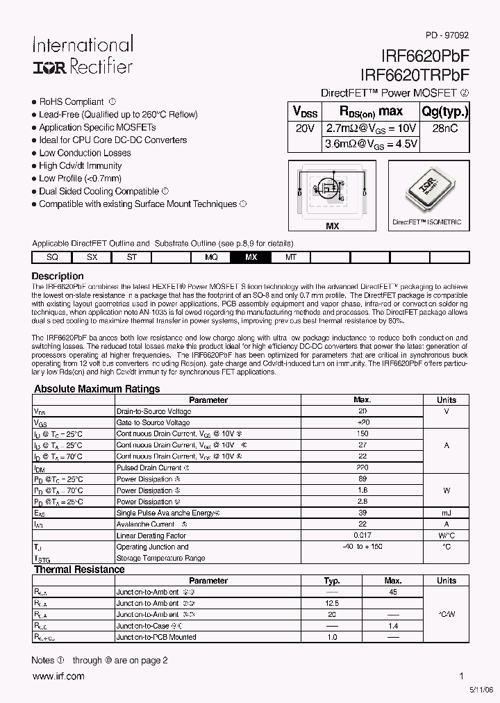 IRF6620PBF_7525333.PDF Datasheet