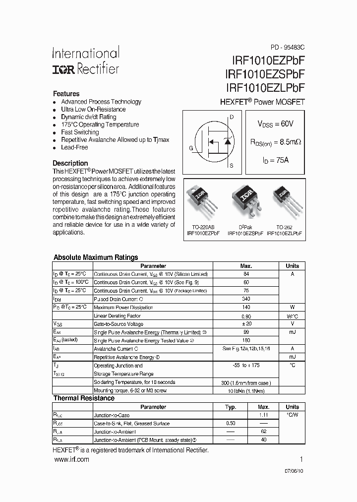 IRF1010EZLPBF_7609314.PDF Datasheet