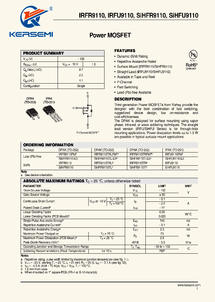 SIHFR9110_7618778.PDF Datasheet