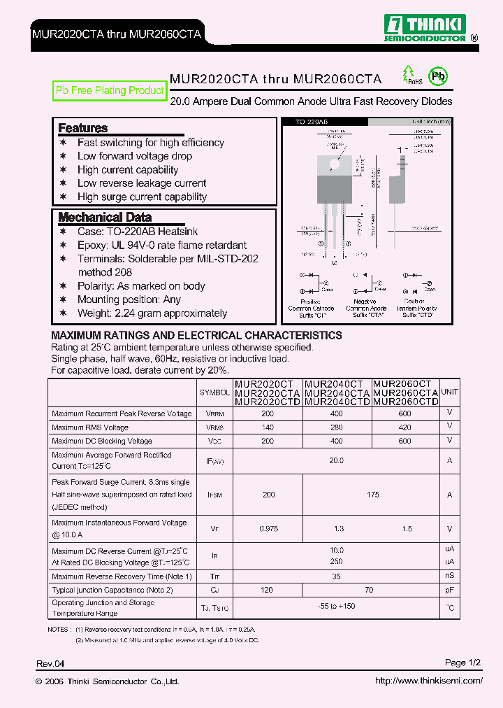 MUR2060CTA_7706404.PDF Datasheet