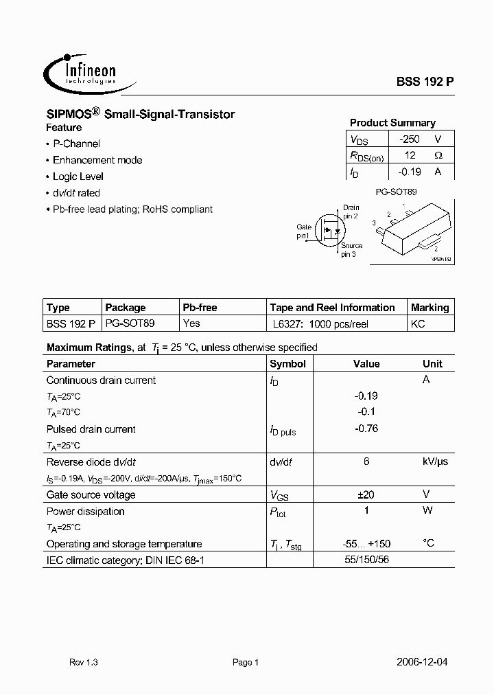 BSS192P06_7856620.PDF Datasheet