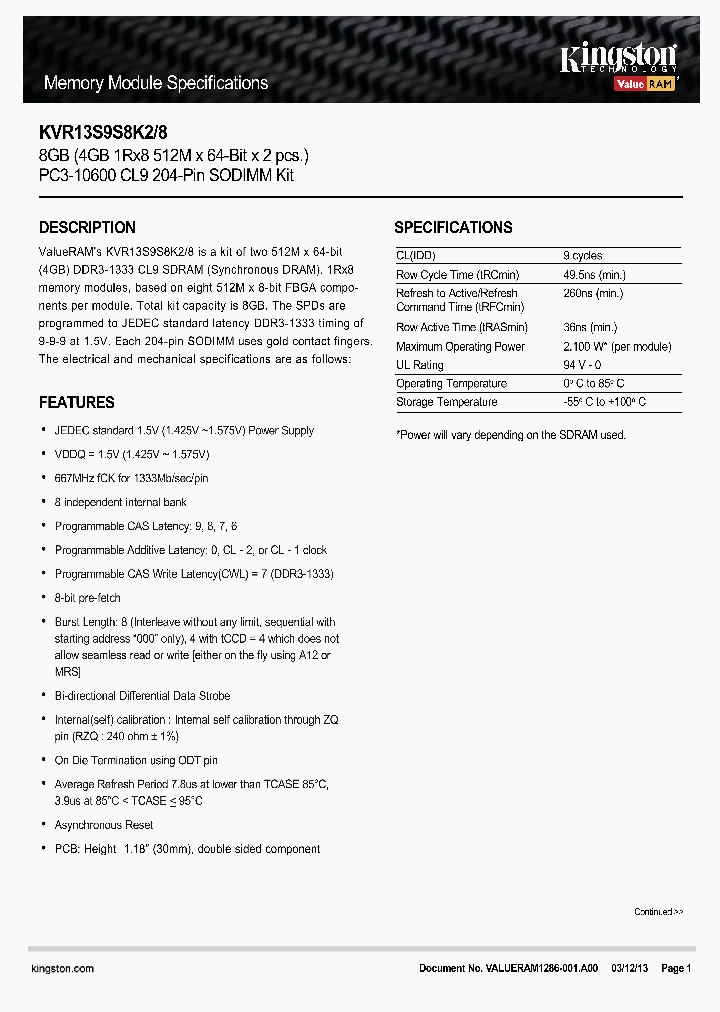 KVR13S9S8K2-8_8252095.PDF Datasheet