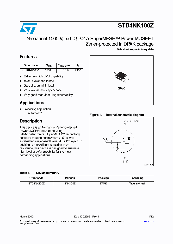 STD4NK100Z_8283656.PDF Datasheet