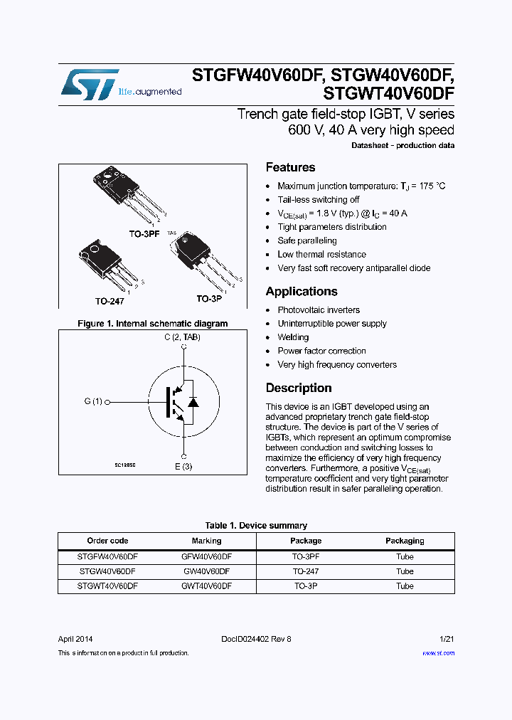 STGW40V60DF_8383890.PDF Datasheet