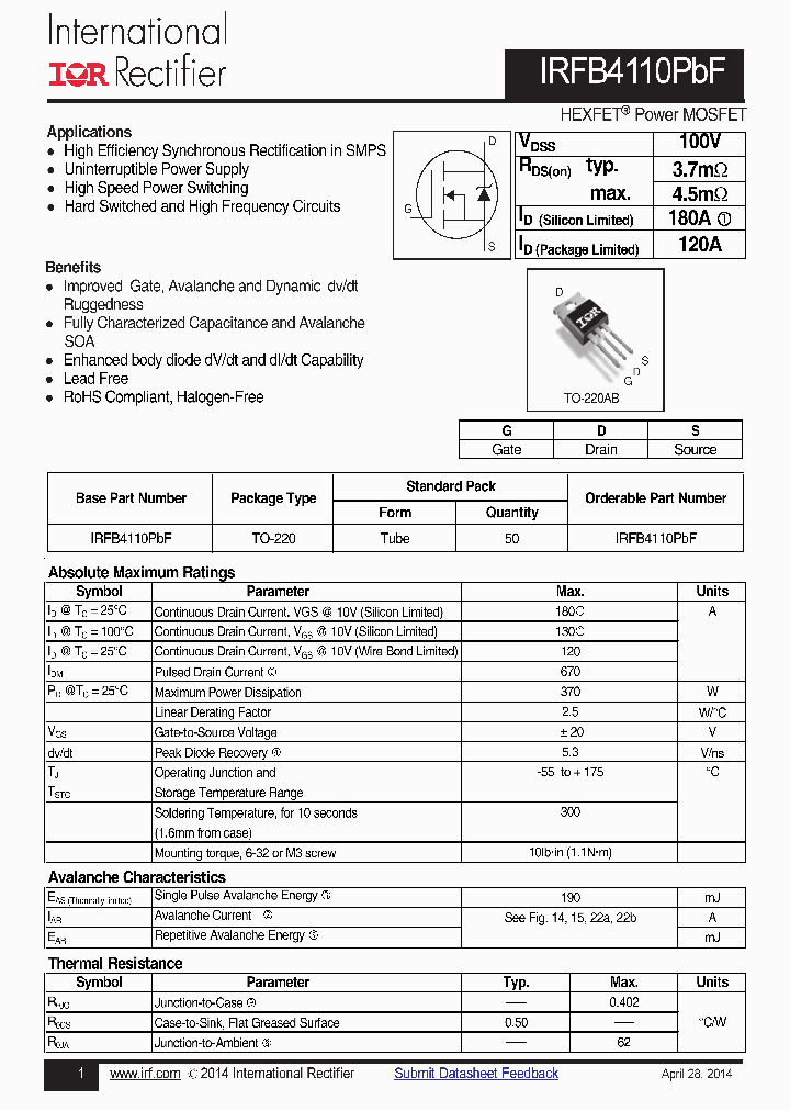 IRFB4110PBF_8840000.PDF Datasheet