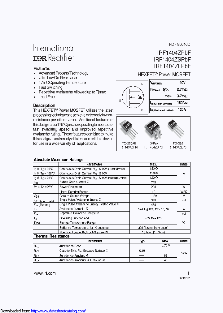 IRF1404ZSTRLPBF_8886208.PDF Datasheet