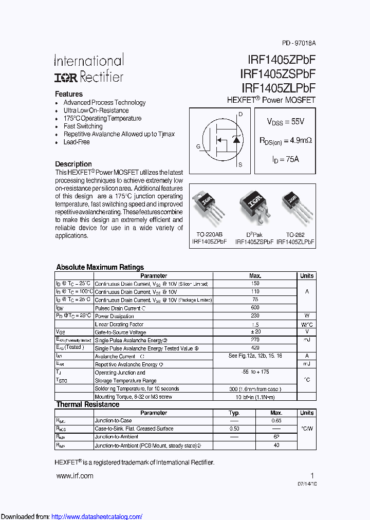 IRF1405ZSTRLPBF_8886210.PDF Datasheet