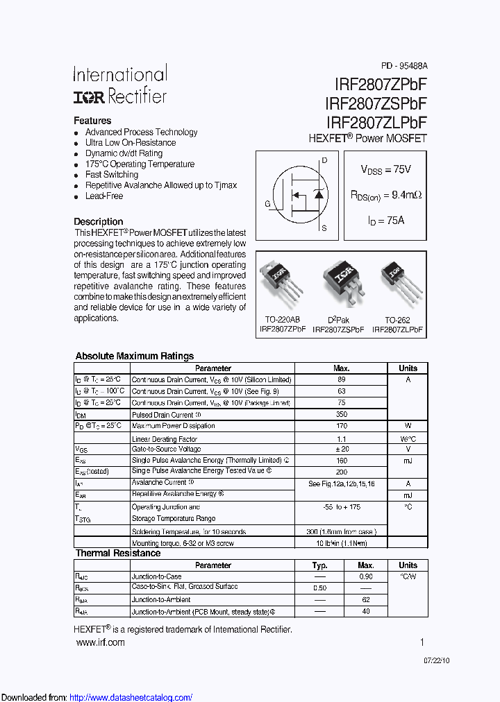 IRF2807ZSTRLPBF_8886211.PDF Datasheet
