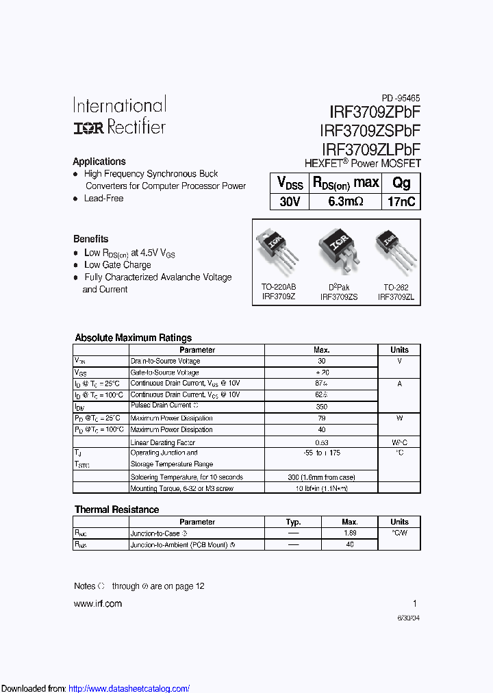 IRF3709ZSTRLPBF_8886222.PDF Datasheet