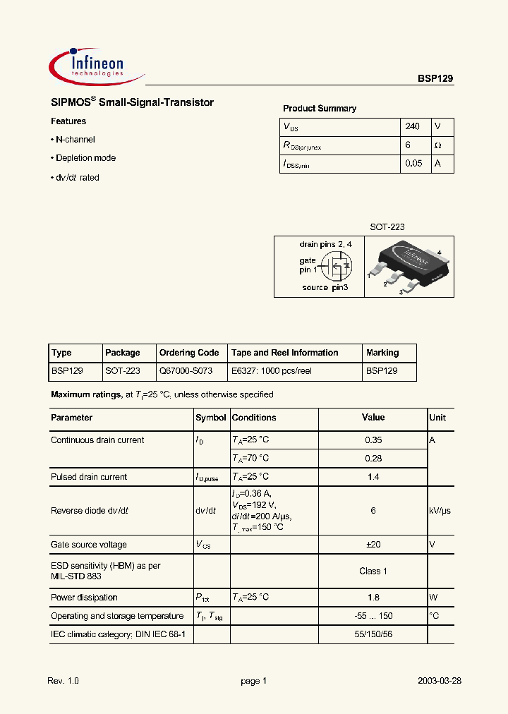 BSP129_9033270.PDF Datasheet