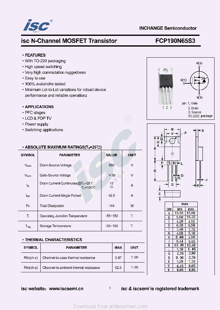 FCP190N65S3_9055648.PDF Datasheet