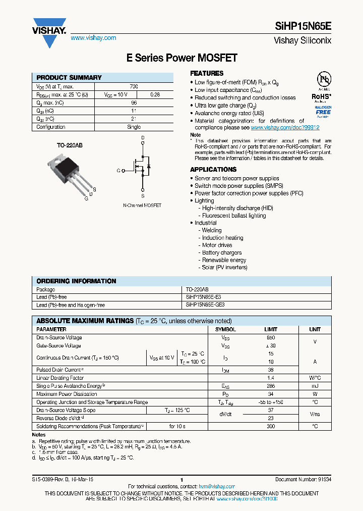 SIHP15N65E_9077632.PDF Datasheet