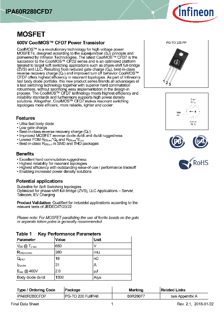 IPA60R280CFD7_9086619.PDF Datasheet