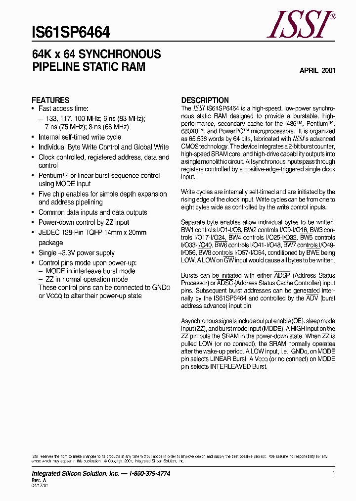 IS61SP6464-133PQI_9100218.PDF Datasheet